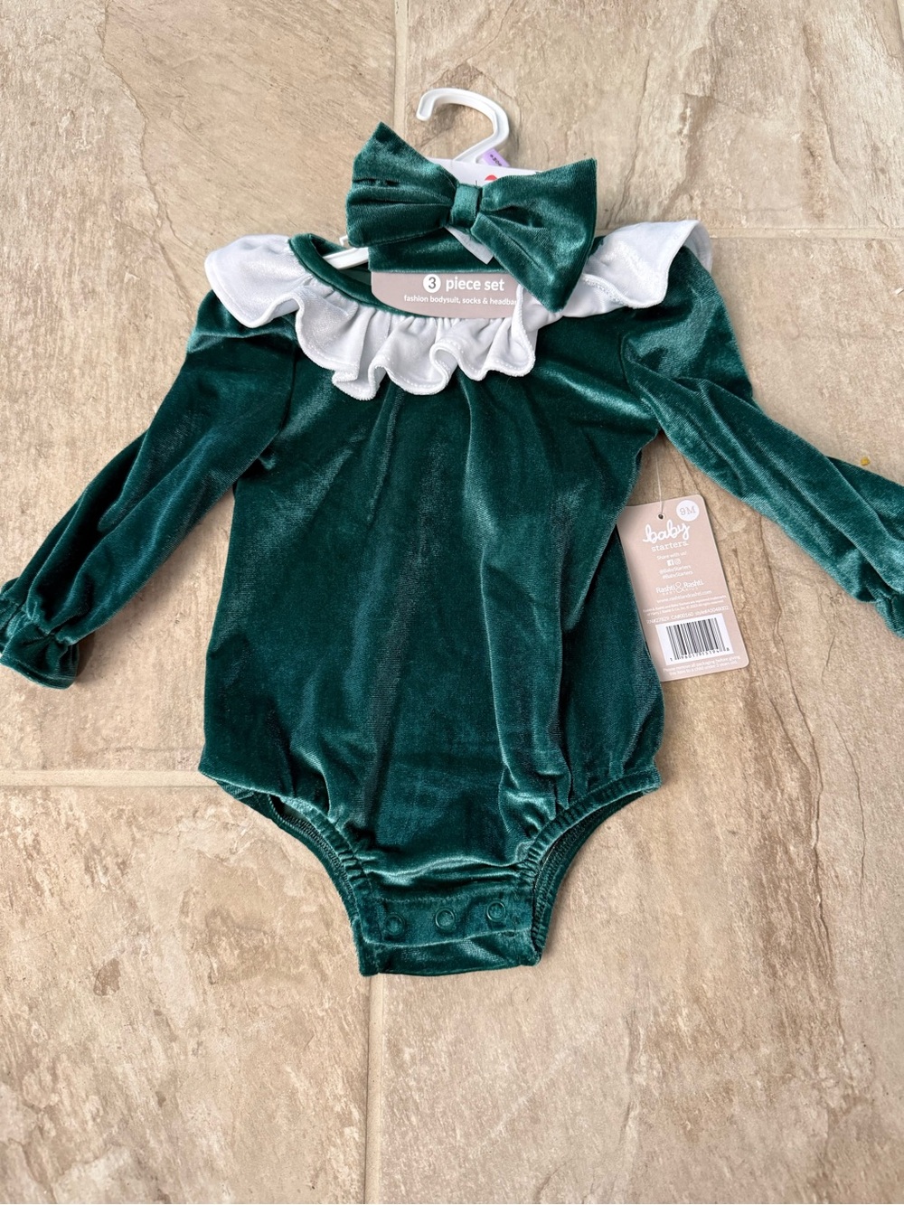 Baby Starters Green Velvet Ruffle Collar Bodysuit with Bow and socks NWT 9 month